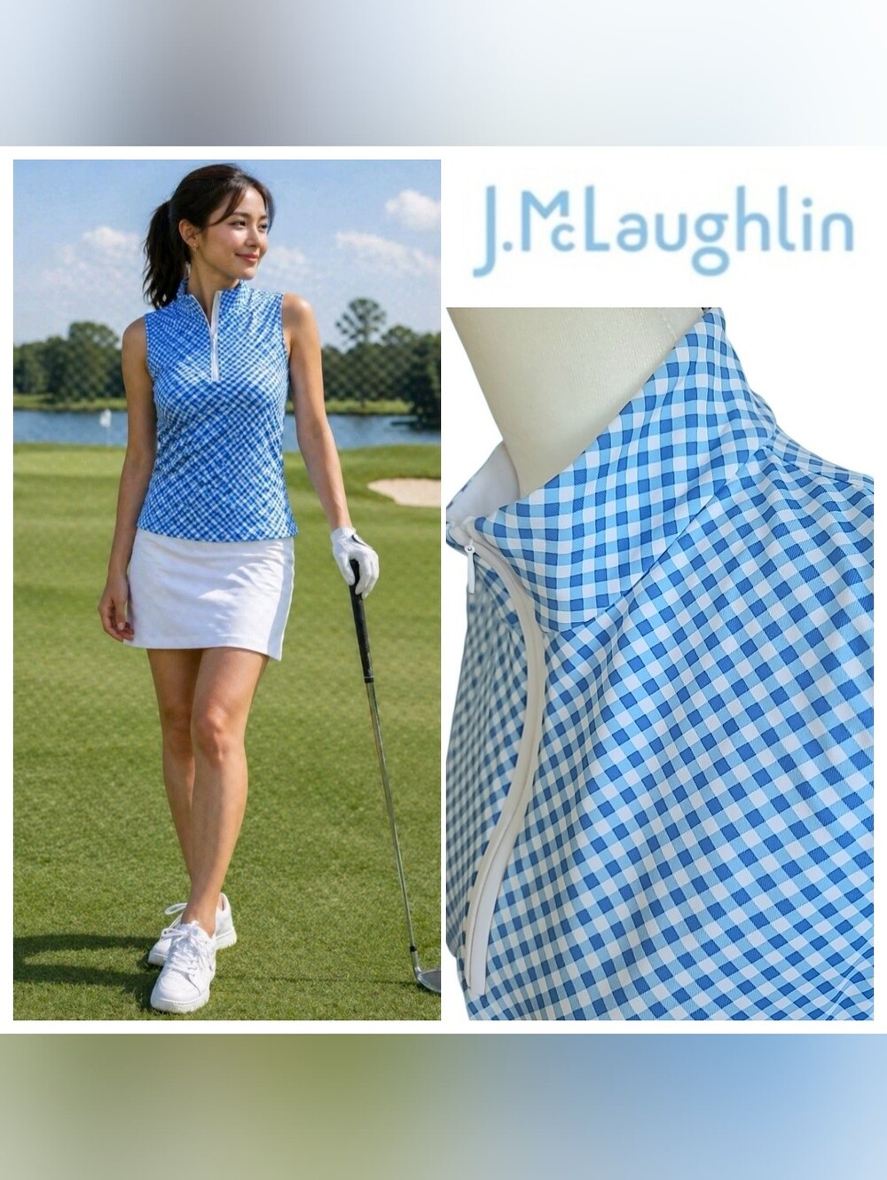 J. McLaughlin | Sleeveless Bedford Catalina Cloth 1/4 Zip Top Blue Check Med